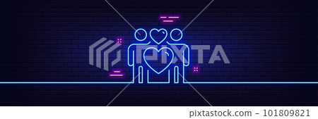 Neon light glow effect. Love couple line icon. Heart lovers sign. Valentine day symbol. 3d line neon glow icon. Brick wall banner. Love couple outline. Vector 101809821