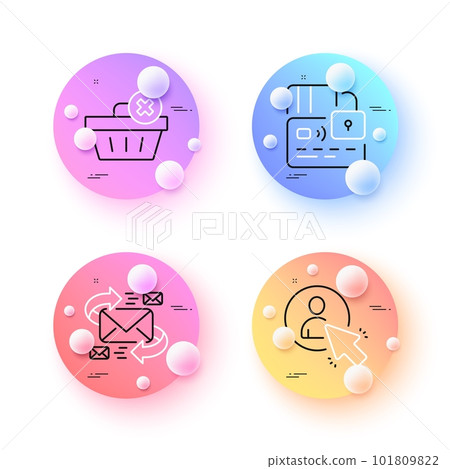 User, E-mail and Delete order minimal line icons. 3d spheres or balls buttons. Card icons. For web, application, printing. Project manager, Communication by letters, Clean basket. Bank payment. Vector 101809822