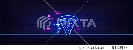 Neon light glow effect. Food delivery line icon. Salami pizza sign. Catering service symbol. 3d line neon glow icon. Brick wall banner. Food delivery outline. Vector 101809823