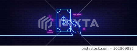 Neon light glow effect. Hold Cash money line icon. Banking currency sign. Dollar or USD symbol. 3d line neon glow icon. Brick wall banner. Receive money outline. Vector 101809885