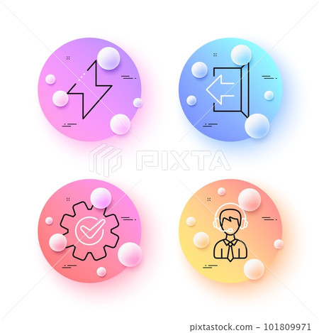 Shipping support, Cogwheel and Energy minimal line icons. 3d spheres or balls buttons. Sign out icons. For web, application, printing. Delivery manager, Engineering tool, Thunderbolt. Logout. Vector Shipping support, Cogwheel and Energy minimal line icons. 3d spheres or balls buttons. Sign out icons. For web, application, printing. Delivery manager, Engineering tool, Thunderbolt. Logout. Vector 101809971