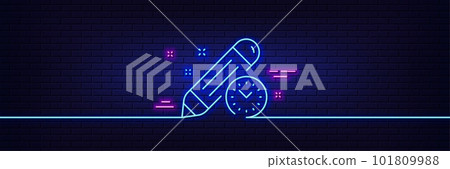Neon light glow effect. Project deadline line icon. Time management sign. Clock symbol. 3d line neon glow icon. Brick wall banner. Project deadline outline. Vector Neon light glow effect. Project deadline line icon. Time management sign. Clock symbol. 3d line neon glow icon. Brick wall banner. Project deadline outline. Vector 101809988