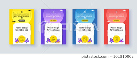 Simple set of Update document, Food delivery and Seo script line icons. Poster offer design with phone interface mockup. Include Graph phone icons. For web, application. Vector 101810002