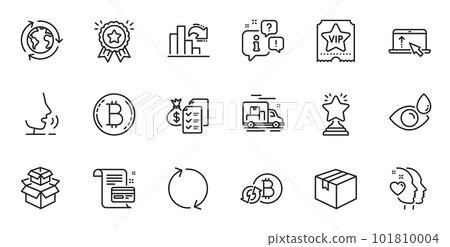 Outline set of Packing boxes, Accounting wealth and Refresh line icons for web application. Talk, information, delivery truck outline icon. Include Refresh bitcoin, Eye drops, Bitcoin icons. Vector 101810004