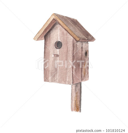 Cute wood birdhouse. Watercolor illustration for postcard. Clipart 101810124