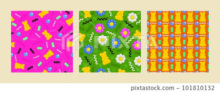 Vector seamless patterns. Memphis collection. Bright cute patterns with curved lines, gummy bears, flowers and chewing gums. Vector seamless patterns. Memphis collection. Bright cute patterns with curved lines, gummy bears, flowers and chewing gums. 101810132