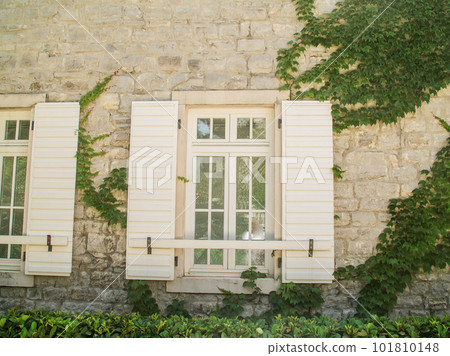 White stone house wall with white window with green ivy White stone house wall with white window with green ivy 101810148