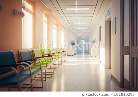 Long corridor in hospital with doors and reflections. Children's hospital concept 101810295
