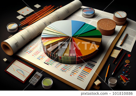 Office workplace table with report page,supplies and computer Flat lay. Top view. Office workplace table with report page,supplies and computer Flat lay. Top view. 101810886