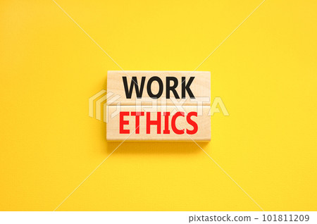 Work ethics symbol. Concept words Work ethics on beautiful wooden block. Beautiful yellow table yellow background. Business and Work ethics concept. Copy space. Work ethics symbol. Concept words Work ethics on beautiful wooden block. Beautiful yellow table yellow background. Business and Work ethics concept. Copy space. 101811209