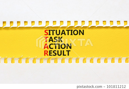STAR situation task action result symbol. Concept words STAR situation task action result on yellow paper on beautiful white background. Business STAR situation task action result concept. Copy space 101811212