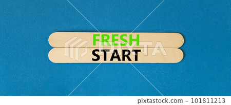 Fresh start and motivational symbol. Concept words Fresh start on beautiful wooden stick. Beautiful blue table blue background. Business motivational and Fresh start concept. Copy space. 101811213
