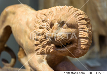 Stone statue of lion, ancient Greek sculpture of animal 101811515