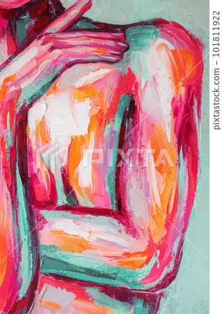 Fragment Oil portrait painting in multicolored tones. Abstract picture of a beautiful woman. Conceptual closeup of an oil painting and palette knife on canvas. Fragment Oil portrait painting in multicolored tones. Abstract picture of a beautiful woman. Conceptual closeup of an oil painting and palette knife on canvas. 101811922