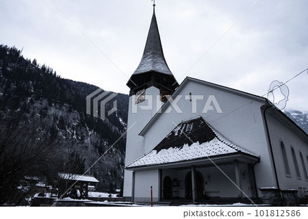 Game world church, European cityscape in mountain valley, village with church in valley bottom, fantasy world cityscape Game world church, European cityscape in mountain valley, village with church in valley bottom, fantasy world cityscape 101812586