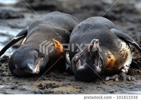 Dying penguins whose wings are smeared in fuel oil on the seashore 101813338