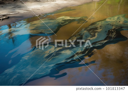Oil slick on river water of river or lake Oil slick on river water of river or lake 101813347