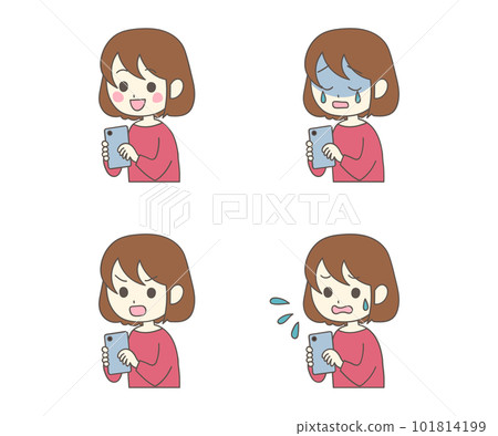 一組使用智能手機的女性，表情各異 101814199