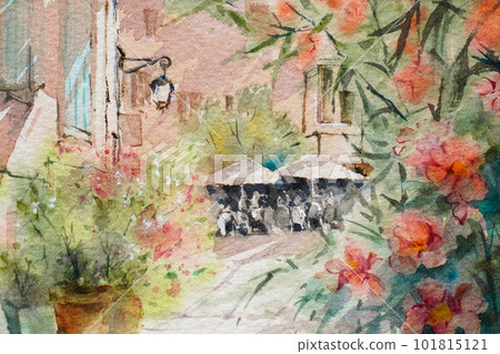 Watercolor landscape painting in Provence, an old European city 101815121