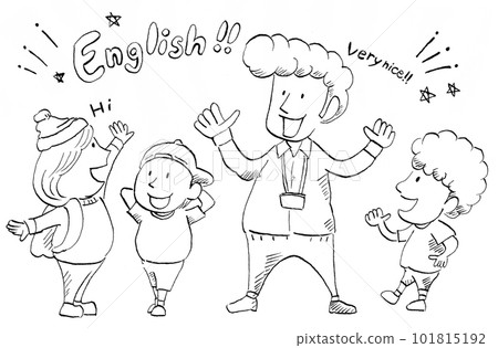 一位外國母語英語會話老師和孩子們享受英語會話的插圖（畫線） 101815192