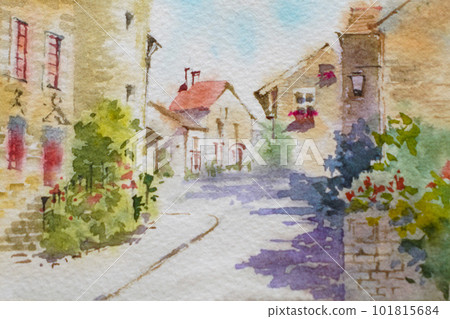 Watercolor landscape painting in Provence, an old European city Watercolor landscape painting in Provence, an old European city 101815684