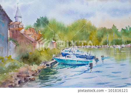 法國南部的一個小村莊,水彩畫,山水畫 法國南部的一個小村莊,水彩畫,山水畫 101816121