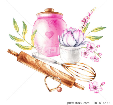 Baking tools, flowers watercolor composition on a white background Baking tools, flowers watercolor composition on a white background 101816548