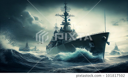 Large grey modern warship sailing in still water. Large grey modern warship sailing in still water. 101817502