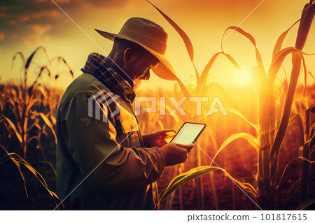 Agronomist farmer man using digital tablet computer in a young cornfield at sunset or sunrise 101817615