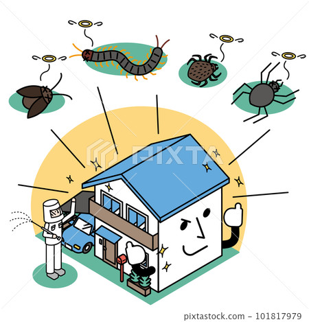 Isometric illustration of a detached house freed from the control of pests 101817979