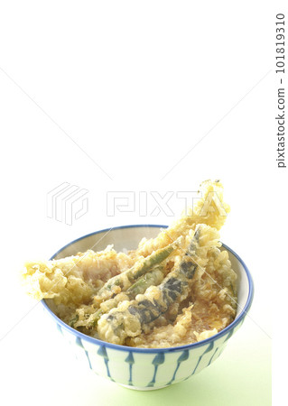 熱騰騰的天婦羅蓋飯,配上星鰻、茄子、南瓜和綠豆天婦羅 熱騰騰的天婦羅蓋飯,配上星鰻、茄子、南瓜和綠豆天婦羅 101819310