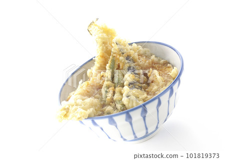 A hot tempura bowl with conger eel, eggplant, pumpkin and green bean tempura on a white background A hot tempura bowl with conger eel, eggplant, pumpkin and green bean tempura on a white background 101819373