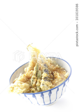 A hot tempura bowl with conger eel, eggplant, pumpkin and green bean tempura on a white background A hot tempura bowl with conger eel, eggplant, pumpkin and green bean tempura on a white background 101819386