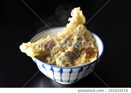 黑色背景中帶星鰻、茄子、南瓜和綠豆天婦羅的熱天婦羅碗 101819518