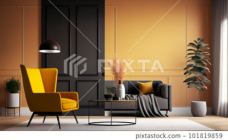 Modern interior design yellow armchair sofa in living room with and mock up poster frame in wall at home, lifestyle living room design, empty nobody, 3D render by Generative AI Modern interior design yellow armchair sofa in living room with and mock up poster frame in wall at home, lifestyle living room design, empty nobody, 3D render by Generative AI 101819859