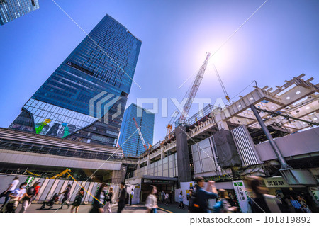 Tokyo cityscape in Japan Summer day. Shibuya station and office buildings. Tokyo's hottest day of the year = April 20 101819892