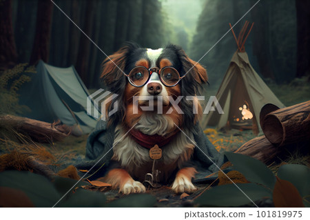 camping in forest with a dog 101819975