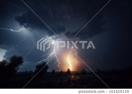 The striking and beautiful scenery of a storm approaching a rural landscape, with dark clouds and dramatic lightning creating an intense atmosphere. AI Generative. The striking and beautiful scenery of a storm approaching a rural landscape, with dark clouds and dramatic lightning creating an intense atmosphere. AI Generative. 101820139