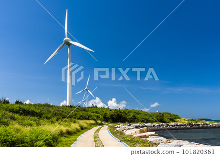 The wind power plant, energy systems, and renewable energy are on the coast of Penghu, Taiwan. 101820361
