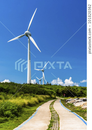 The wind power plant, energy systems, and renewable energy are on the coast of Penghu, Taiwan. 101820362