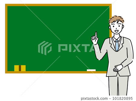 Simple illustration of a man pointing and explaining and a blackboard frame 101820895