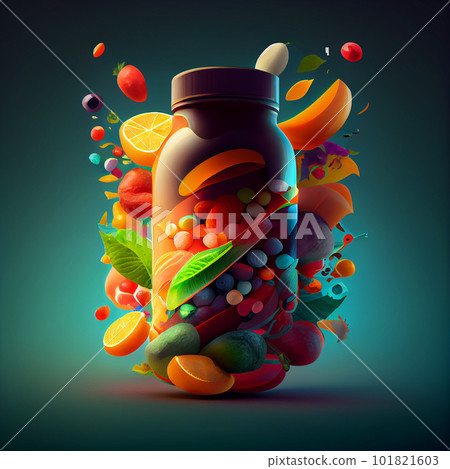 vitamin c pill open with citrus fruits jumping out 101821603