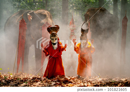 Two boy wear Pee Ta Khon, traditional culture art as ghost of Asian culture, dress 101821605