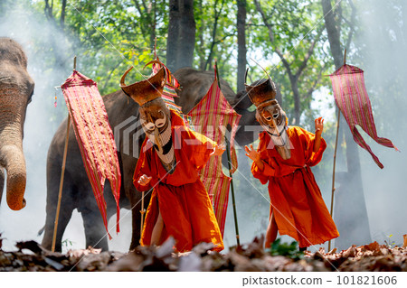 Two boy wear Pee Ta Khon, traditional culture art as ghost of Asian culture, dress 101821606