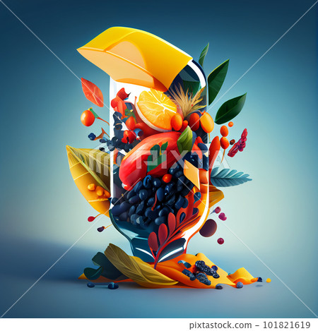 vitamin c pill open with citrus fruits jumping out 101821619