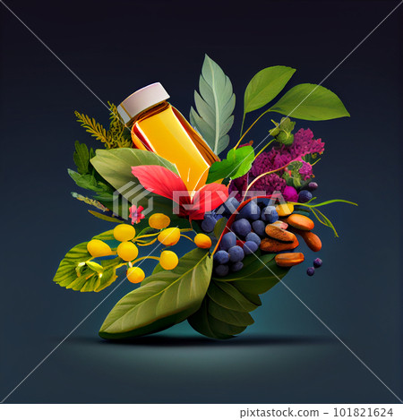 vitamin c pill open with citrus fruits jumping out 101821624