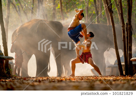 Two Asian men fight by traditional martial arts with one man stand on thigh of other man Two Asian men fight by traditional martial arts with one man stand on thigh of other man 101821829