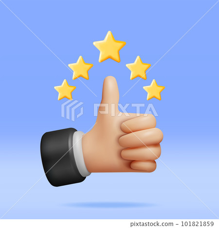 3D Thumb Up Pointing at Five Gold Star Rating 101821859