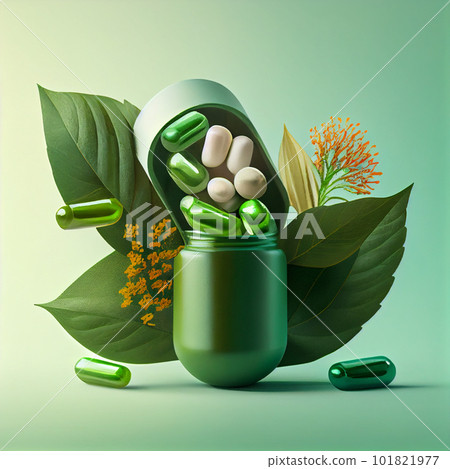 Homeopathy concept. Homeopathic globules out of a glass bottle, fresh herb, green background. Alternative herb medicine healtcare pills, copy space 101821977