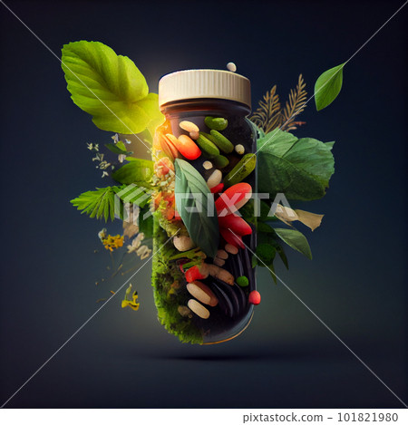 Homeopathy concept. Homeopathic globules out of a glass bottle, fresh herb, green background. Alternative herb medicine healtcare pills, copy space 101821980